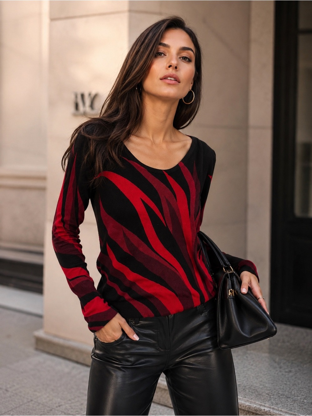 Xception Red Black Abstract Long Sleeve Top Size Medium